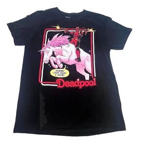 Marvel Deadpool Black T-Shirt Riding Unicorn Men’s Size Medium